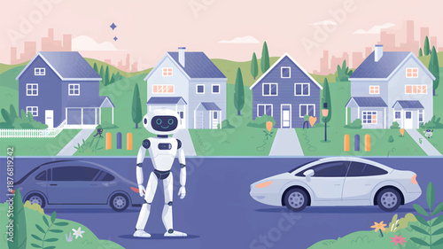 Robot standing on a suburban street with houses and cars cartoon