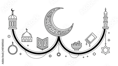 Harmony of Faith: A serene depiction of Islamic symbols, a crescent moon adorns an Islamic ornament, capturing the essence of spirituality and cultural significance. The design is simple.