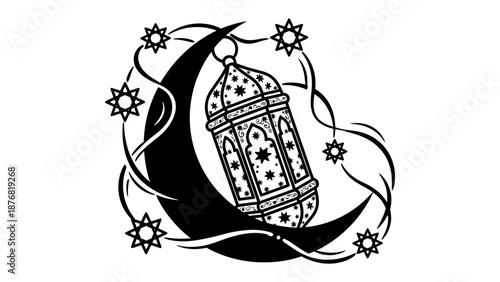 Ramadan Lantern and Crescent Moon: The image features a detailed illustration of a traditional lantern cradled within a crescent moon, encircled by star elements, celebrating the spirit of Ramadan.