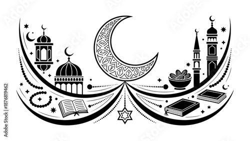 Islamic Religious Symbols: An intricate artwork showcases the essence of Islamic culture, highlighting a crescent moon, mosques, prayer beads, and holy books, symbolizing faith and heritage.