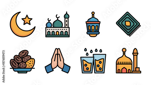 Ramadan Icons: A vibrant collection of Ramadan-themed icons, featuring a crescent moon with a star, a mosque, a lantern, a Quran, dates, praying hands, drinks, and another mosque.