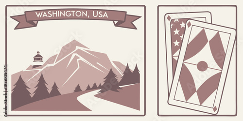 U.S, USA, US, United States - Washington USA Mountain & Playing‑Card Poster Set | Modern PNW Landscape Illustration with Stars & Geometric Design | Minimalist Red‑Cream Wall Art Print
