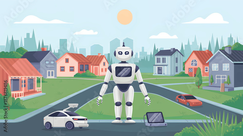 Robot standing on suburban street with car and laptop houses desig