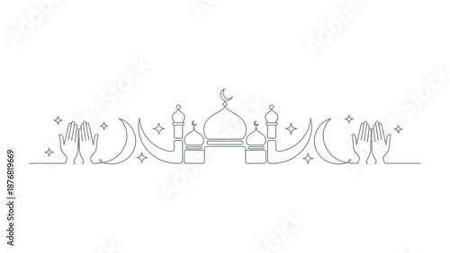 Serene Mosque Design: A minimalist line drawing depicts a mosque, crescent moons, and hands in prayer. This image celebrates faith and artistic expression. 