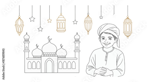 Festival of Lanterns: A joyous boy stands before a radiant display of lanterns and stars, while a magnificent mosque, all against the backdrop of a grand festival, signifying peace.