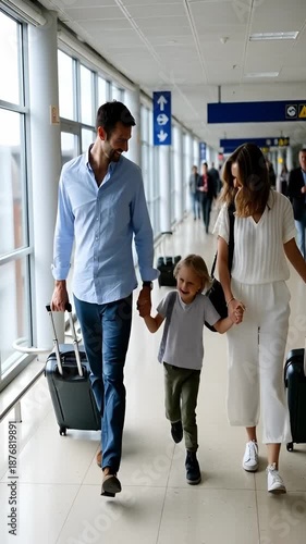 Caucasian family with daughter walking at airport carrying suitcases and smiling