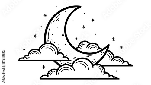 Night's Celestial Embrace: A monochrome illustration of the night sky, featuring a crescent moon and fluffy clouds, evoking a sense of tranquility.