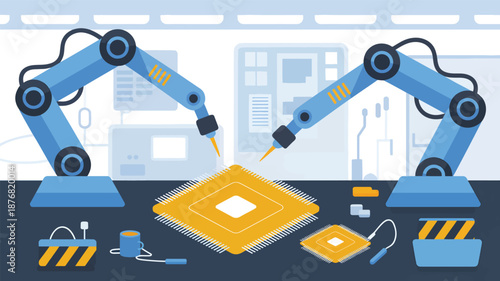 Robotic arms assembling computer chips on a factory workbench assembly