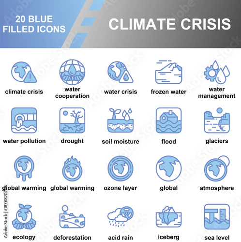 Climate Crisis Blue Filled Icon Set – Global Warming, Water Crisis, Environmental Issues, Climate Change Symbols