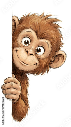 Cute Baby Monkey Peeking Around Corner Illustration, Adorable Primate Animal Character Drawing