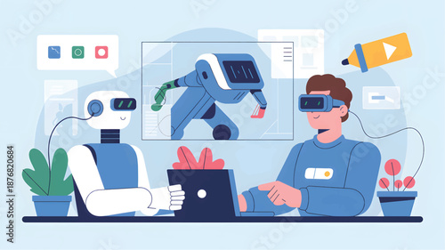Man and robot wearing V R headsets working on laptop with robot on screen VR headset virtual reality
