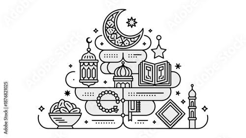 Ramadan Decoration: An illustrative outline celebrating the season, with a crescent moon, mosque, lanterns, and other symbols of the holy month.