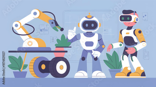 Robots working with robotic arm and plants factory industry