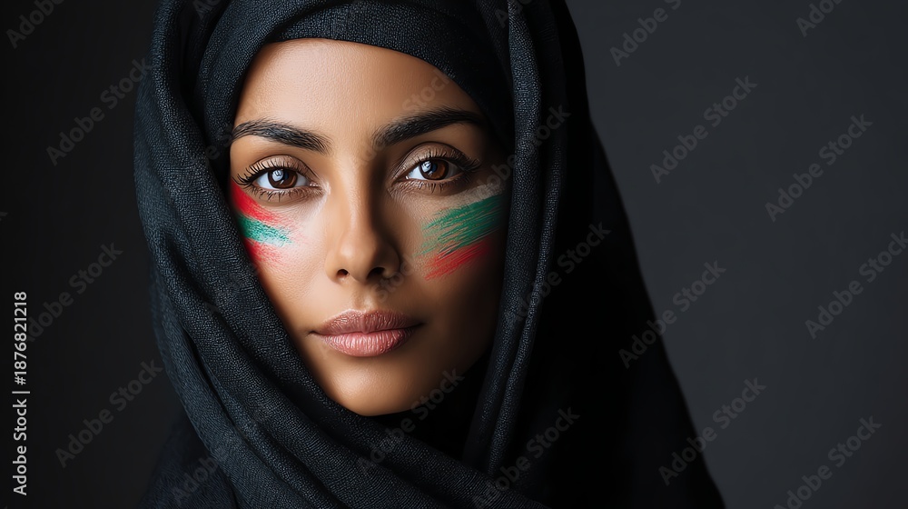 Naklejka premium Emirati woman portrait with subtle UAE flag colors makeup, studio lighting, commercial use