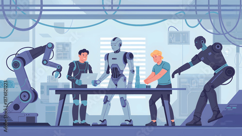 Humans and robots collaborating in a factory setting with robotic arm collaboration