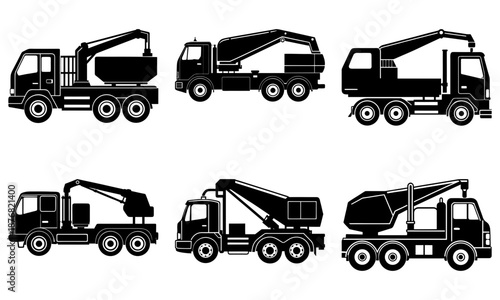Six Black Tow Trucks with Cranes on White Background vehicle