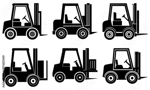 Six Forklifts in Black Silhouette on White Background industrial machinery