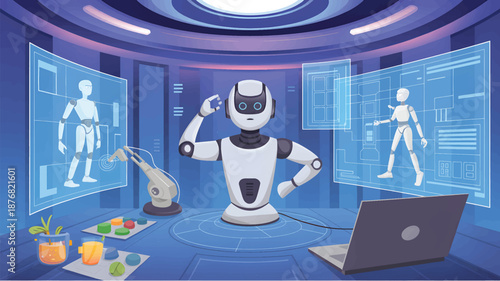 Robot interacting with screens and robotic arm in futuristic laboratory humanoid robot