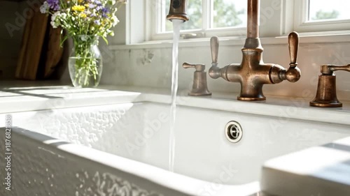 Farmhouse Kitchen Sink with Copper Faucet and Flowers