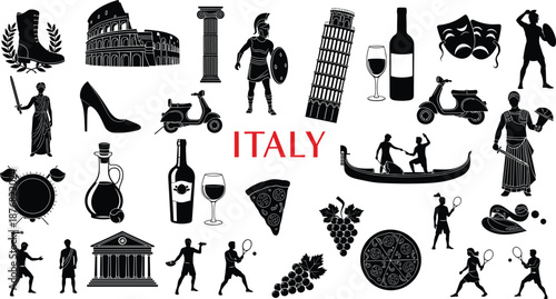 Italy culture silhouettes set, Italian landmarks food wine travel icons, black vector illustration collection for tourism branding and graphic design