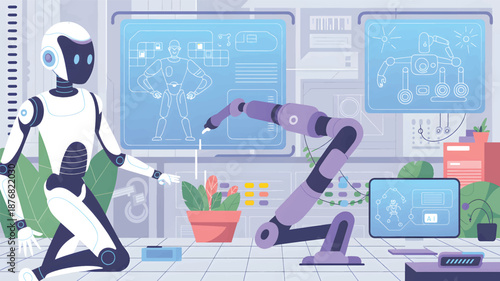 Humanoid robot and robotic arm in a futuristic laboratory setting with screens and plants