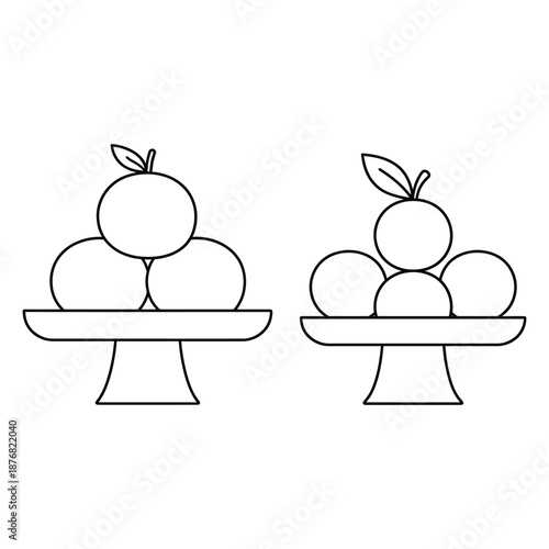 a line drawing of two cake stands with fruit on them