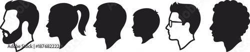 Diverse collection of human profile silhouettes, side view male and female head icons, people avatars, face outlines, isolated vector illustration set.
