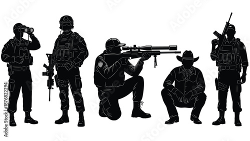 Military silhouettes, tactical soldiers, sniper and riflemen, special forces operators, black vector illustration, armed characters set, isolated white background collection