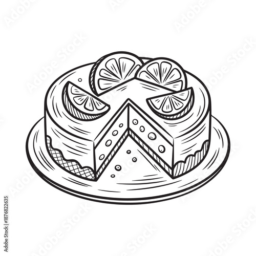 A delicious citrus cake with a slice removed adorned with orange segments