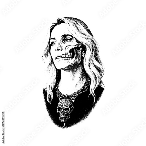 Half Skull Woman Vintage Portrait Illustration