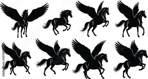 Pegasus horse silhouettes, winged horses, flying fantasy animals, black vector illustration, magical creatures set, isolated on white background collection artwork