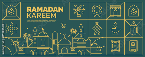 Monoline geometric style ramadan kareem background, mosque landscape with bright colored islamic houses, islamic illustration for poster, wallpaper and greeting card