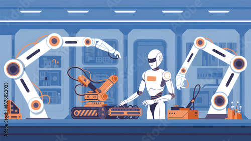 A robot working with robotic arms in a factory, industrial machinery