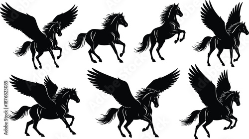 Pegasus silhouettes collection, winged horse fantasy set, black vector illustration for mythology art, game design and tattoo inspiration concept pack