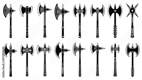 Fantasy axes silhouettes, medieval battle weapons, warrior equipment set, black vector illustration, game asset collection, isolated on white background design