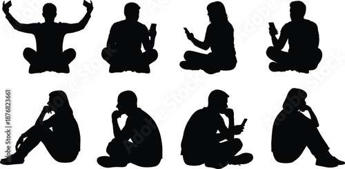 People silhouettes using smartphones, sitting poses, social media addiction, digital communication concept, black vector illustration, isolated white background set collection