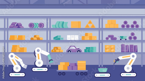 Warehouse robots loading boxes onto a cart, robotic arms design