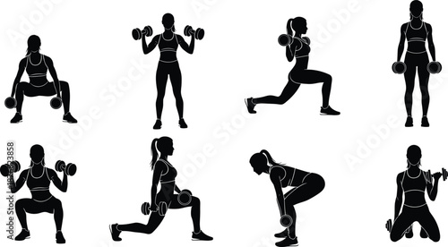 Female fitness silhouettes training with dumbbells, strength workout poses, black vector illustration set for gym, bodybuilding, and healthy lifestyle concept
