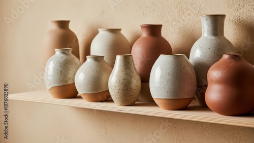 Earthy, handcrafted ceramic vases in varying shapes and sizes, featuring speckled glazes and warm terracotta bases, are artfully arranged on a light wood shelf against a textured beige wall under