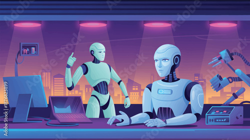 Robots working at desk with computer and cityscape background humanoid robots laptop