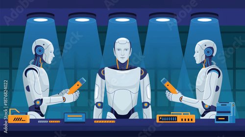 Three robots working at a table with pencils and computer equipment artificial intelligence machines