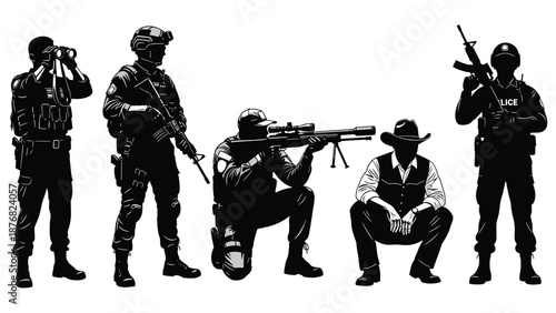 Tactical police and military silhouettes, armed special forces operators with rifles, black vector illustration set for security and defense concept