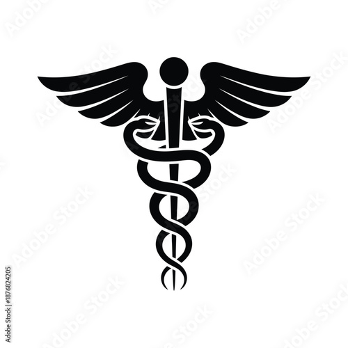 a black and white image of the medical caduceus symbol