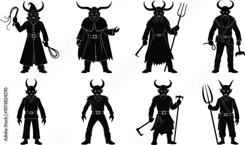 Viking demon silhouettes collection, horned warrior characters, dark fantasy mythology, black vector set, evil creatures, isolated on white background illustration