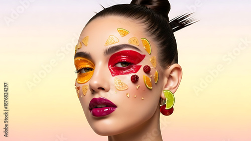  High fashion beauty portrait of a woman with artistic citrus fruit makeup, glossy magenta lips, and orange slice stickers. Conceptual summer cosmetic look featuring vibrant yellow and red tones on a 
