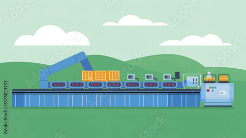Industrial robotic arm on conveyor belt with boxes and machinery