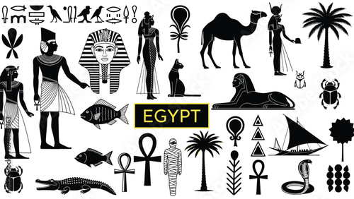 Ancient Egypt symbols collection, pharaoh gods hieroglyphs, ankh scarab sphinx camel, black vector set, isolated on white background illustration design