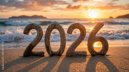 Wallpaper Mural 2026 new year celebration on tropical beach,sunset view with wooden number decorations on sand,ocean waves and holiday atmosphere Torontodigital.ca