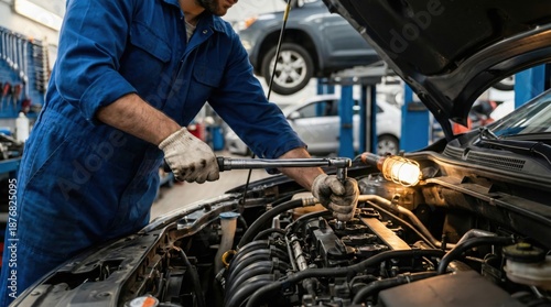 Auto mechanic working on car engine repair in professional workshop,vehicle maintenance with wrench tool in automotive garage,car service industry