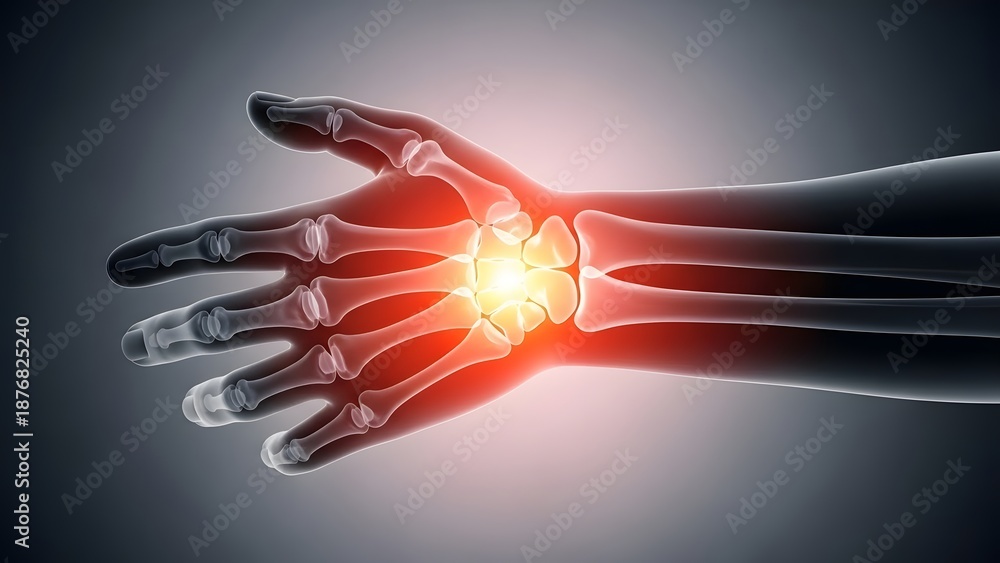 Fototapeta premium Carpal tunnel syndrome and wrist joint pain anatomy. Hand surgery and orthopedic medical care. Transparent hand skeleton with bright glowing inflammation point in the wrist
